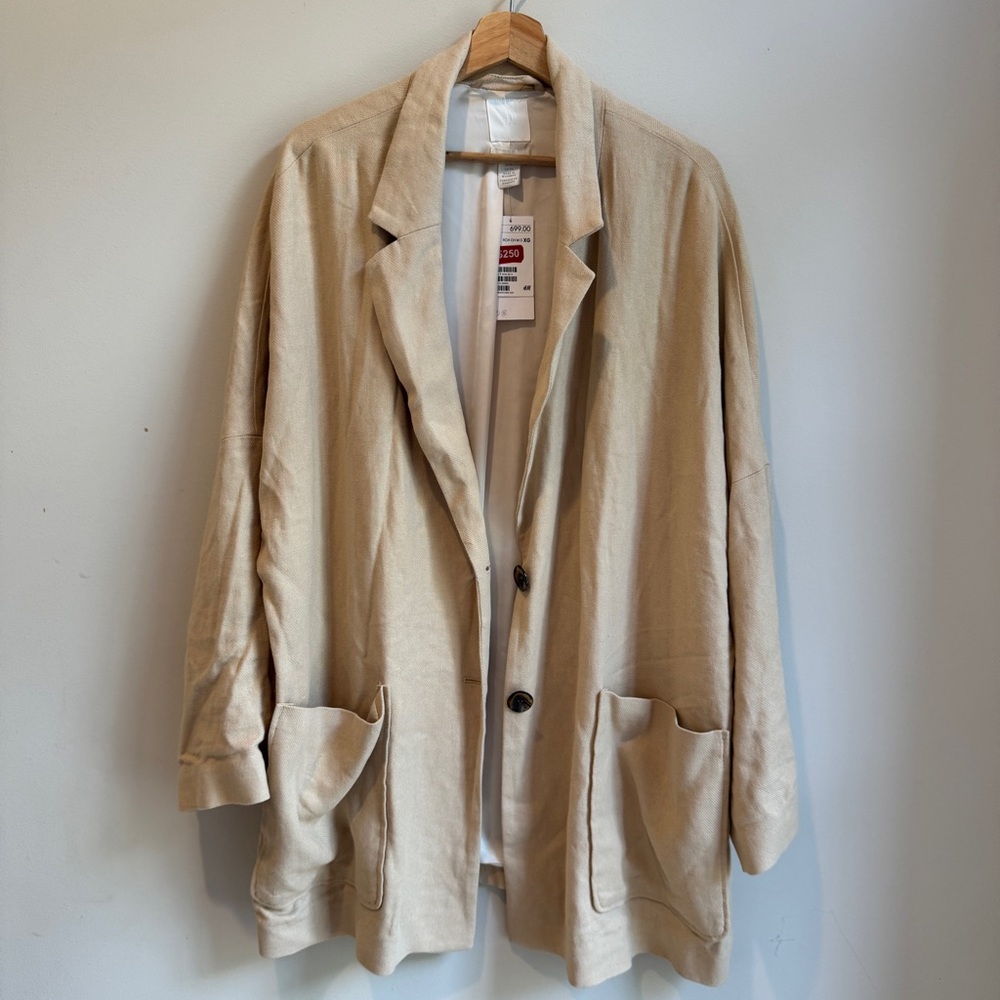 NEW H&M XL oversized Linen Blend Cream Blazer Jacket Coat Button Closure $250